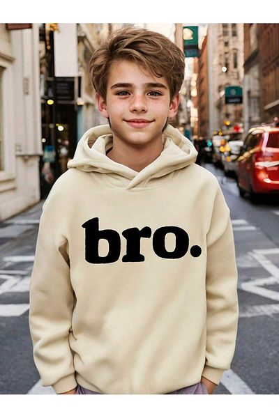 aynewmoda Ecru Hooded Sweatshirt - Bro Front Printed Hoodie