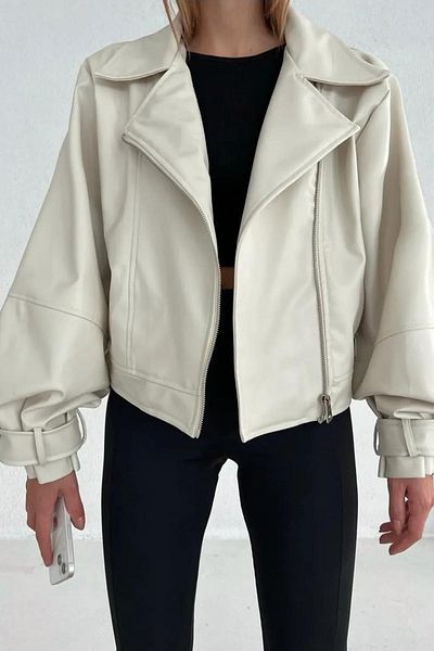 Laleli Butik Cremefarbene Oversize-Lederjacke für Damen