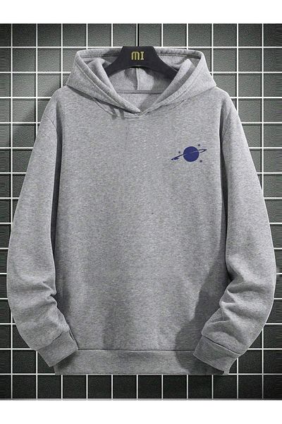 aynewmoda Saturn Front Printed Gray Hooded Sweatshirt Hoodie