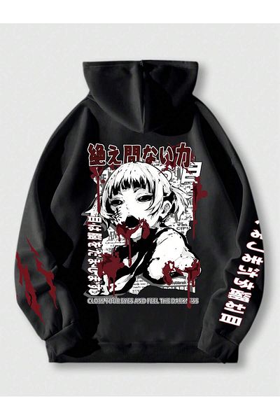 PENTHİLUS Anime Patterned Scary Black Hooded Sweatshirt - Front and Sleeve Printed Hoodie