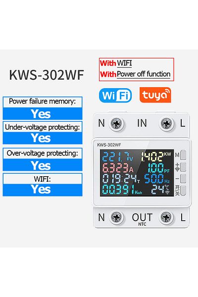 JUANJUAN KWS-302WF Tuya Wifi 8in1 Power Meter 2p Ac Energy Meter App Control 170-270v/63a Voltage And Current