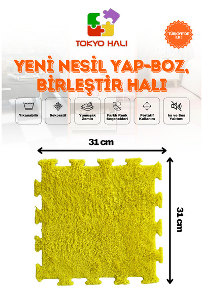 Sereniqa Sarı Peluş Puzzle Halı, Kendi Tasarımını Oluştur, Yapboz Halı, Peluş...
