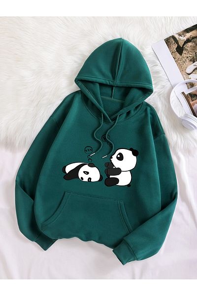 aynewmoda Χακί φούτερ με κουκούλα - Cute Pandas εμπρός εμπριμέ φούτερ