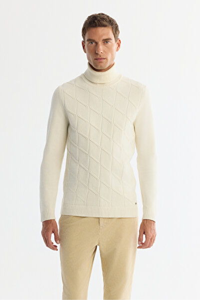 Avva Men's Ecru Full Turtleneck Patterned Soft Touch Knitwear Regular Fit Sweater A42Y5117