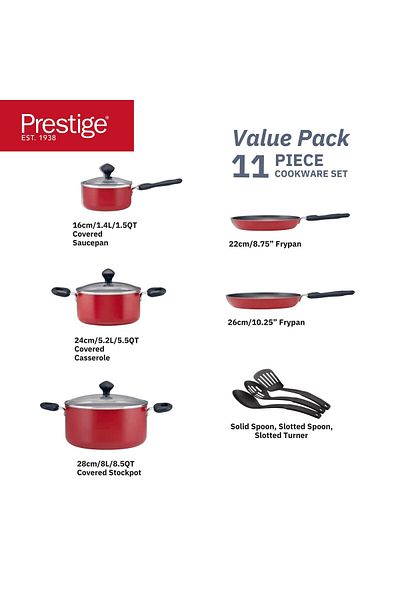 Prestige Classique 11 Piece Nonstick Cooking Set with Glass Lid - Red