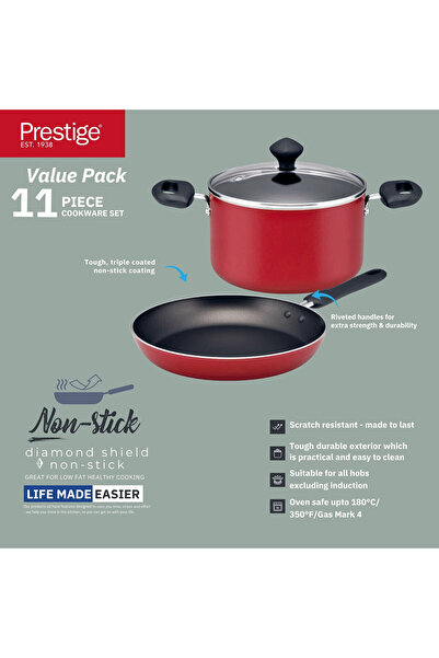 Prestige Classique 11 Piece Nonstick Cooking Set with Glass Lid - Red