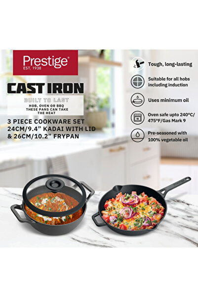 Prestige Pre-Seasoned Cast Iron Cookware Set - 24Cm Kadai W/L & 26Cm Frypan - PR49083