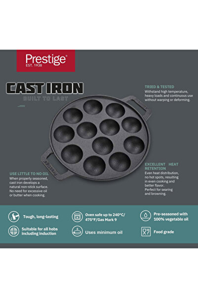 Prestige Pre Seasoned Cast Iron Appam Pan 26 CM Black - PR48908