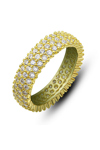 Nereze 925 Ayar Gümüş Zirkon Taşlı Gold 3 Sıra Tamtur Kadın Gümüş Yüzük