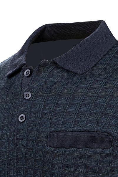 Çizgi Triko Чоловічий поло з коміром-стійкою, трикотажний светр - з візерунком на рукавах і талії, класичний крій, сталеве плетіння - 5002F