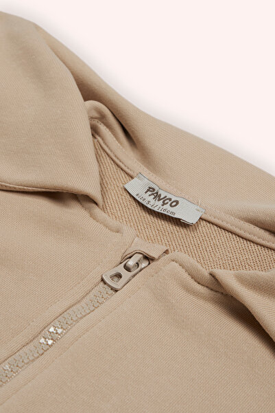 Panço Girl's Wide Neck Detailed Zippered Beige Sweatshirt