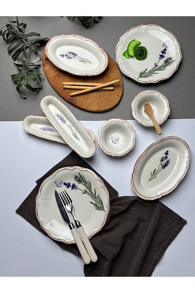 tabakevi Plate House Porcelain Fulya Lavender Breakfast Set for 6 People 14 Pieces
