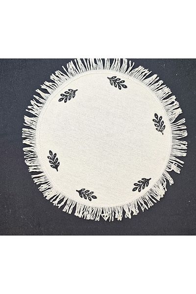 shules collection Raw Linen Cotton Tasseled Tiny Pattern Stone Print 6-Piece American Service Charger Round 40cm