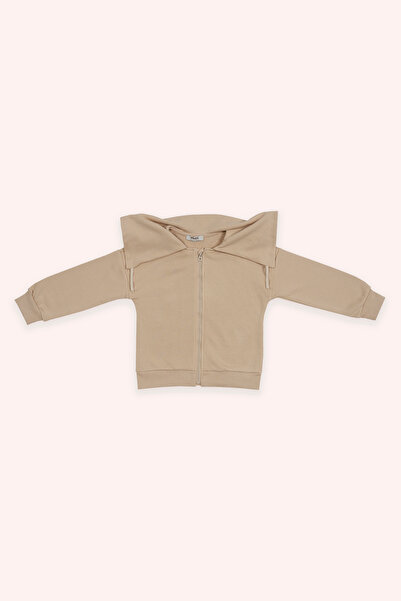 Panço Girl's Wide Neck Detailed Zippered Beige Sweatshirt