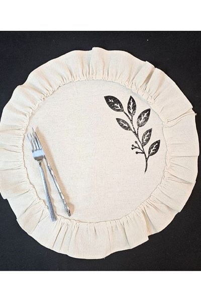 shules collection 45cm Charger Round - 100% Cotton, Raw Linen, Frilly Leaf Stone Print, 6-Piece American Service
