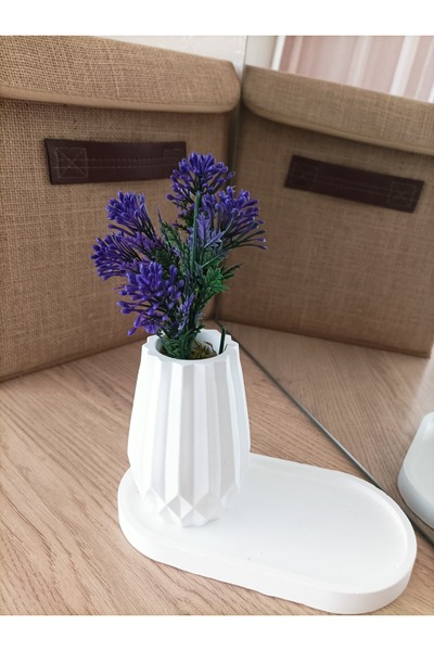 aksenbirstore MİNİ DESENLİ OVAL BETON SAKSI TEKLİ VE OVAL TABAK - YAPAY ÇİÇEK HEDİYELİ