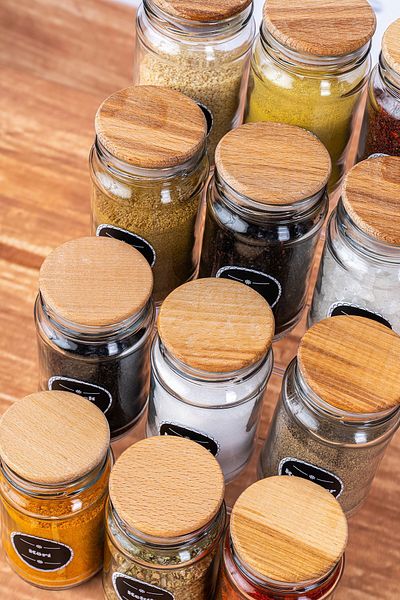KRM HOME 12 Pieces Wooden Lid Glass Spice Rack Set 320 Cc -12 Pieces Wooden Lid Spice Set