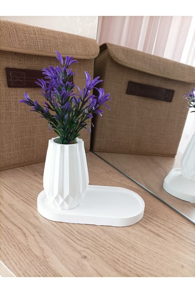 aksenbirstore MİNİ DESENLİ OVAL BETON SAKSI TEKLİ VE OVAL TABAK - YAPAY ÇİÇEK...