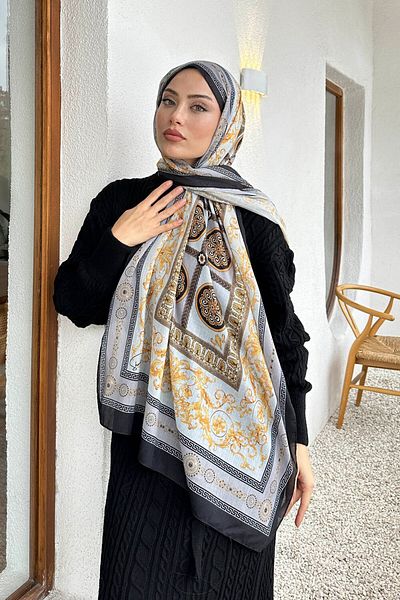 lamelif.com Βαμβακερό σάλι Versa με σχέδιο - Μαύρο Γκρι