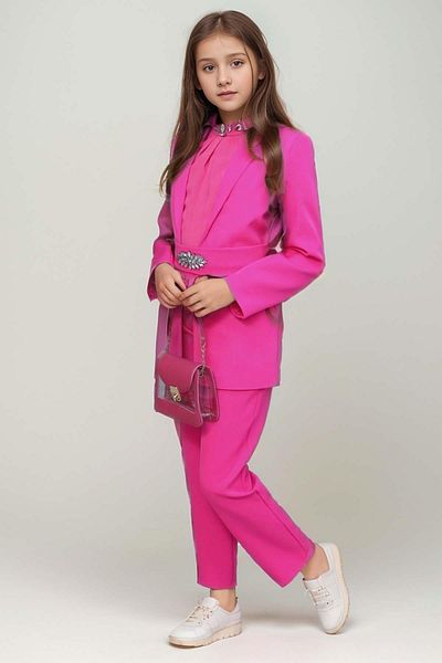 Riccotarz Set fetiță fucsia - maieu cu guler brodat cu piatră, jachetă blazer cu centură și pantaloni
