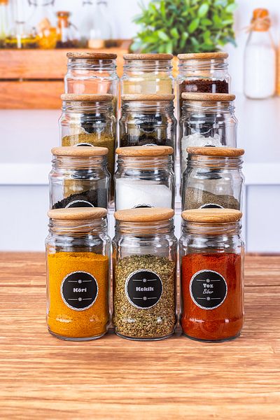KRM HOME 12 Pieces Wooden Lid Glass Spice Rack Set 320 Cc -12 Pieces Wooden Lid Spice Set