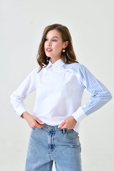 MAMAYAGA Cămașă bluză cu guler cu design special pentru femei, cu garnitură în dungi, potrivită pentru hijab