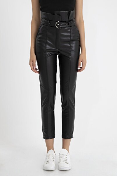 KaSheHa Siyah Yüksek Bel Kemerli Içi Şardonlu Havuç Model Deri Pantolon 92 Cm