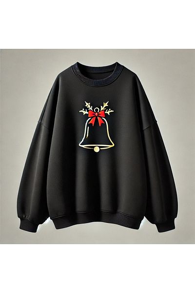 Pink Sky Christmas Printed Black Oversize Sweatshirt