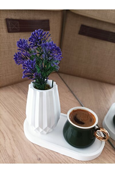 aksenbirstore MİNİ DESENLİ OVAL BETON SAKSI TEKLİ VE OVAL TABAK - YAPAY ÇİÇEK HEDİYELİ