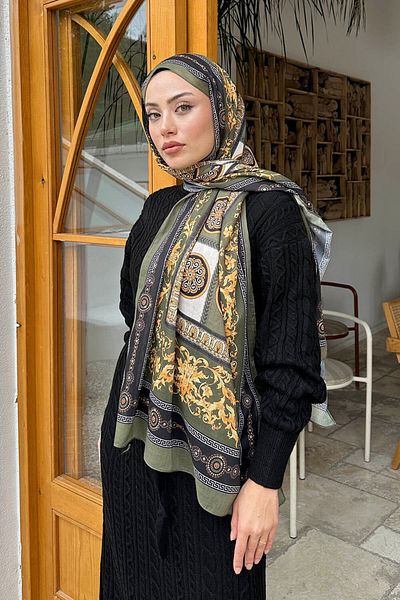 lamelif.com Şal din bumbac cu model Versa de culoare kaki