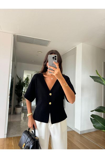 manana fashion Cardigan cu mânecă liliac cu nasturi aurii negru
