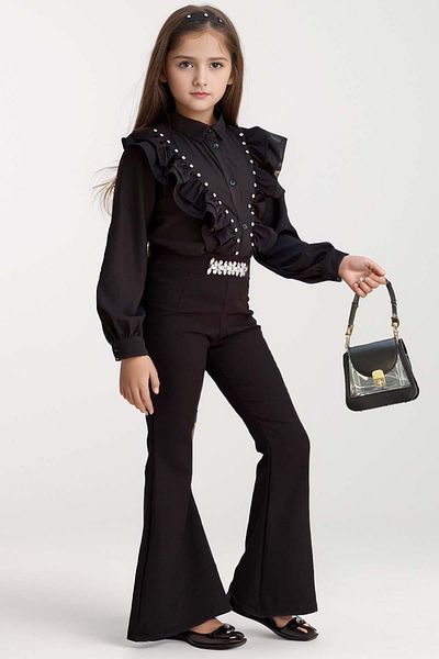 Riccotarz Black Stone Embroidered Set For Girl's Spanish Leg Shirt And Ruffle Shoulder