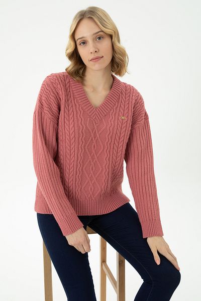 U.S. Polo Assn. Pulover de damă cu decolteu în V de culoare pudra - 50270427 -VR042