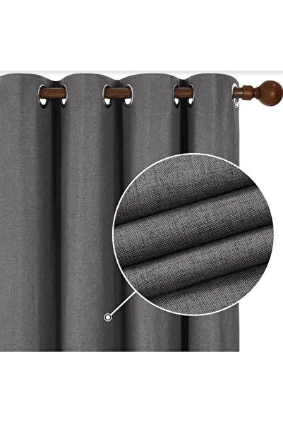 farbateks Rustic Linen Curtain with Eyelet Detail - Anthracite Grey and Black Ring Tube Ring