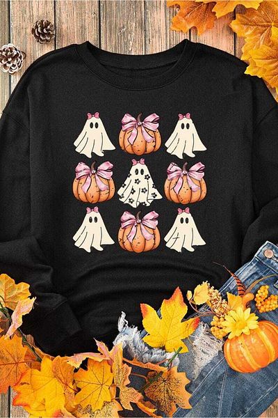Pink Sky Black Halloween Ghost and Pumpkin Printed Crew Neck Sweatshirt