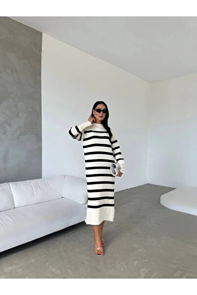 ModaSehle Γυναικείο πλεκτό φόρεμα με λαιμόκοψη μεγάλου μεγέθους με μακρύ μανίκι χοντρή ρίγα με σχισμή