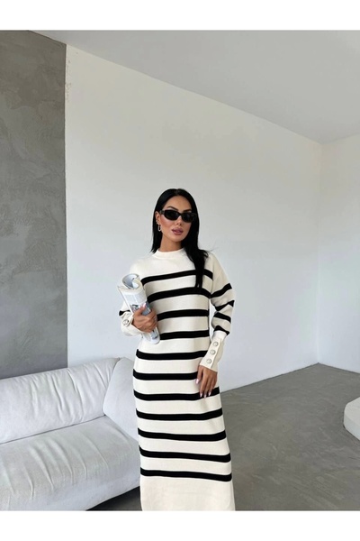 ModaSehle Γυναικείο πλεκτό φόρεμα με λαιμόκοψη μεγάλου μεγέθους με μακρύ μανίκι χοντρή ρίγα με σχισμή