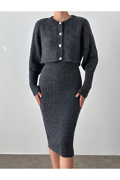 manana fashion Set de cardigan și rochii din tricotaje midi cu nasturi din piatră antracit