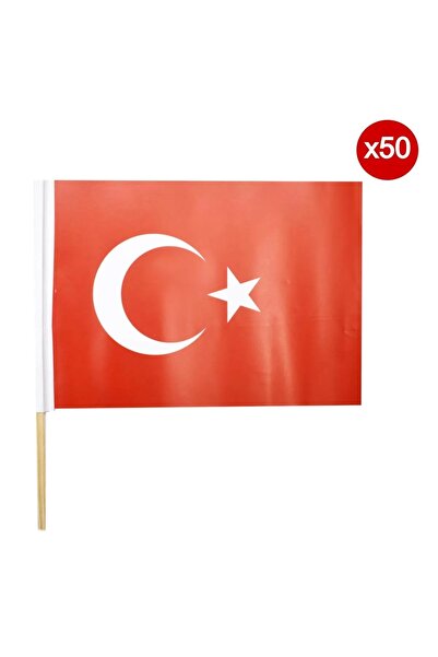 Vatan Ahşap Sopalı Türk Bayrağı Kuşe Kağıt Battal Boy 20X30 Cm. 50 Li Paket