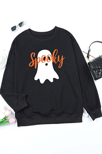 Pink Sky Black Halloween Scary Ghost Printed Crew Neck Sweatshirt