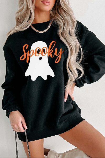Pink Sky Black Halloween Scary Ghost Printed Crew Neck Sweatshirt