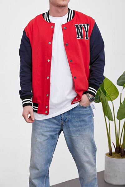 NOMARC Men's Men's College Jacket - Red Casual Bomber with Ny Logo