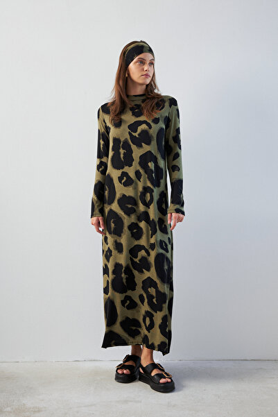 Bipantolon Women's Khaki Black Large Leopard Print Half Turtleneck Long Sleeve Long Dress