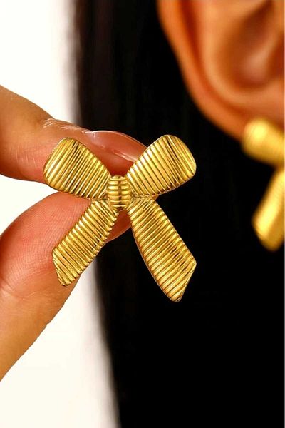 KYOLA DESİGN Gold Bow Striped Women's Earrings