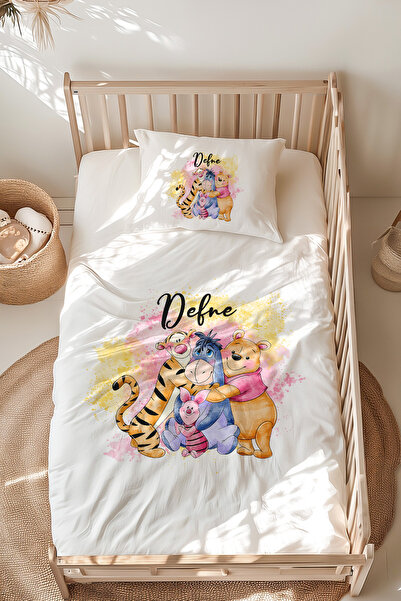 Lilabio %100 Pamuk Isme Özel Isimli Montessori Yatak Nevresim Takımı (100X200 CM) Winnie The Pooh