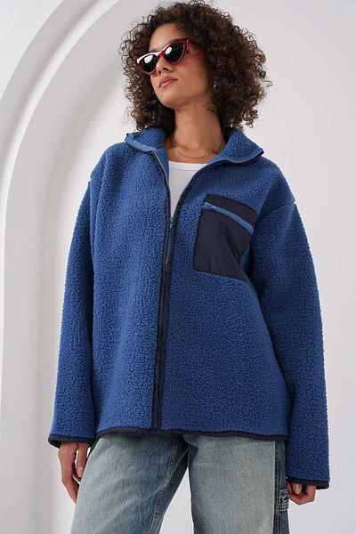 hazelin Navy Blue Oversize Plush Sweatshirt - Pocket Detailed, Zippered Hzl25W-Fry 1554461
