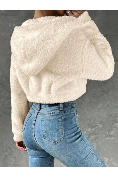 MİSS M.A.T FASHİON Cardigan din fleece crop de pluș ecru - Hanorac pentru femei cu glugă și fermoar