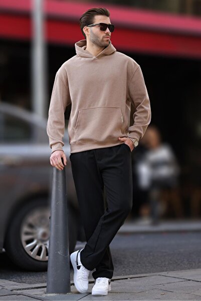 Madmext Бежов суитшърт с качулка и джоб, детайлна текстура E7101