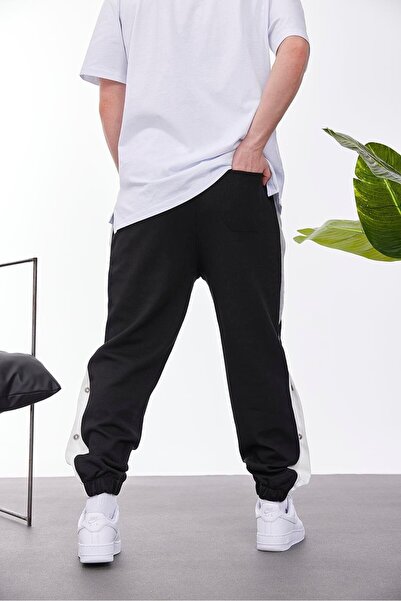 NOMARC Erkek 2 Renk Şeritli Çıtçıtlı Siyah Eşofman Altı