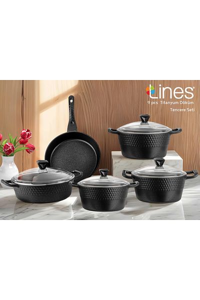 Lines Titanium Cast Pot Set 9 Pieces - Black